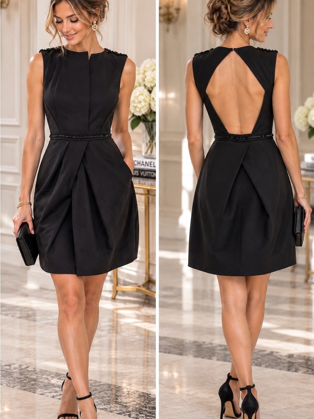 Vera Wang Lavender Label Open Back Beaded Black Cocktail Dress Size 4
